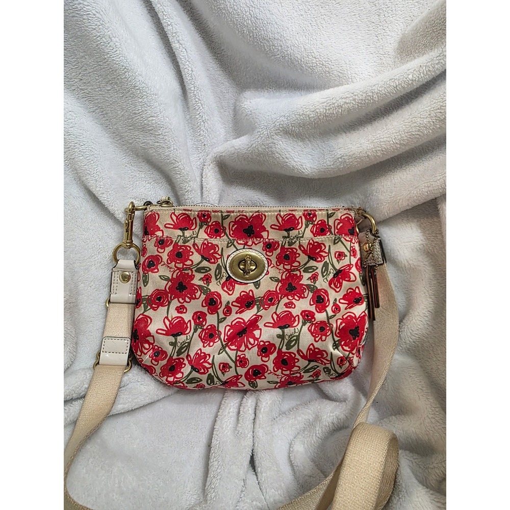 Coach Poppy Floral Print Crossbody Bag Red Tan Canvas Turnlock 16491